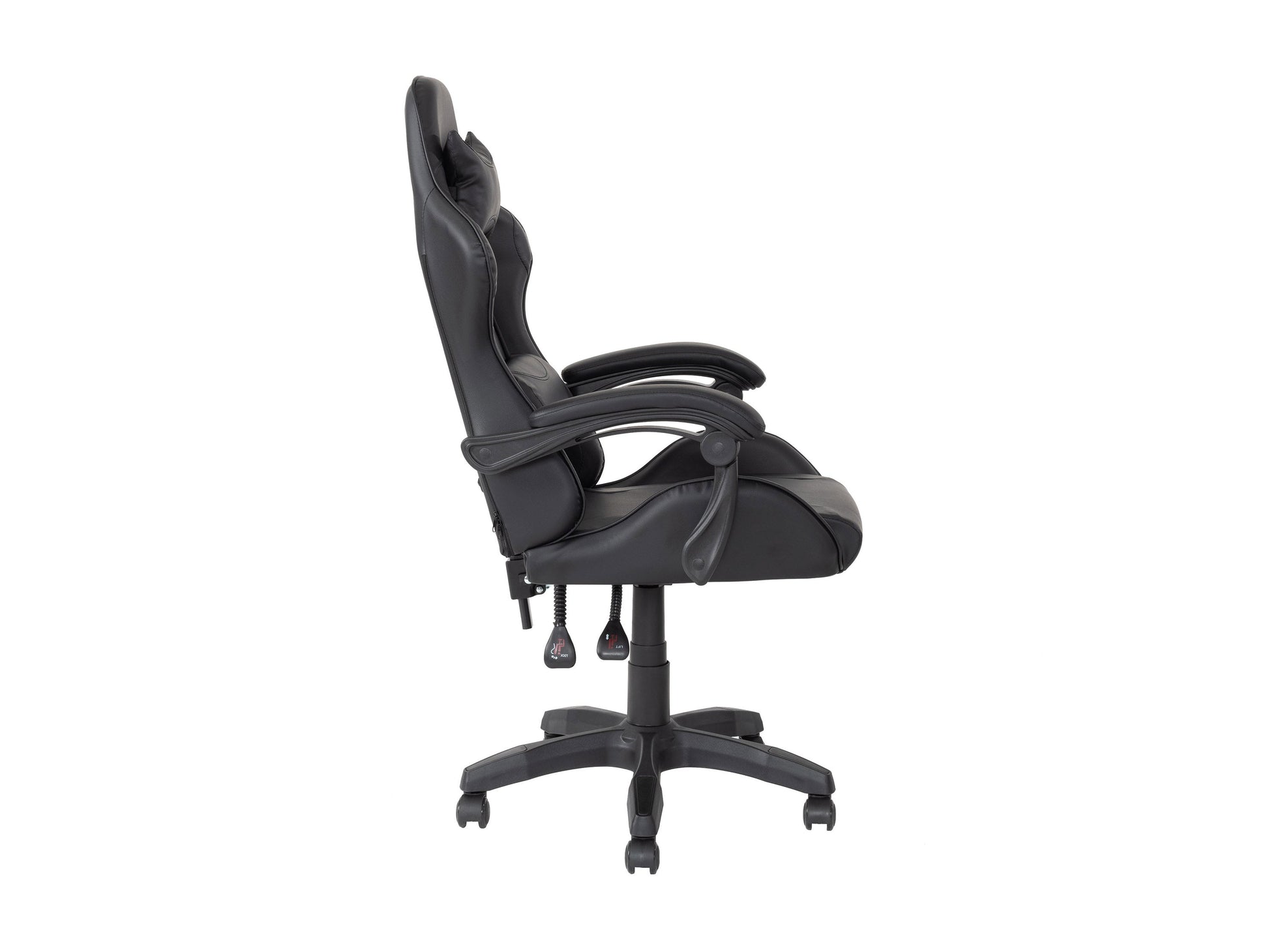 Black reclining gaming chair with ergonomic design, padded armrests, and adjustable headrest.