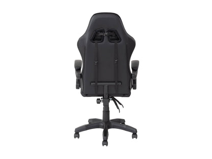 Reclining black gaming chair with ergonomic design, padded armrests, and adjustable headrest.