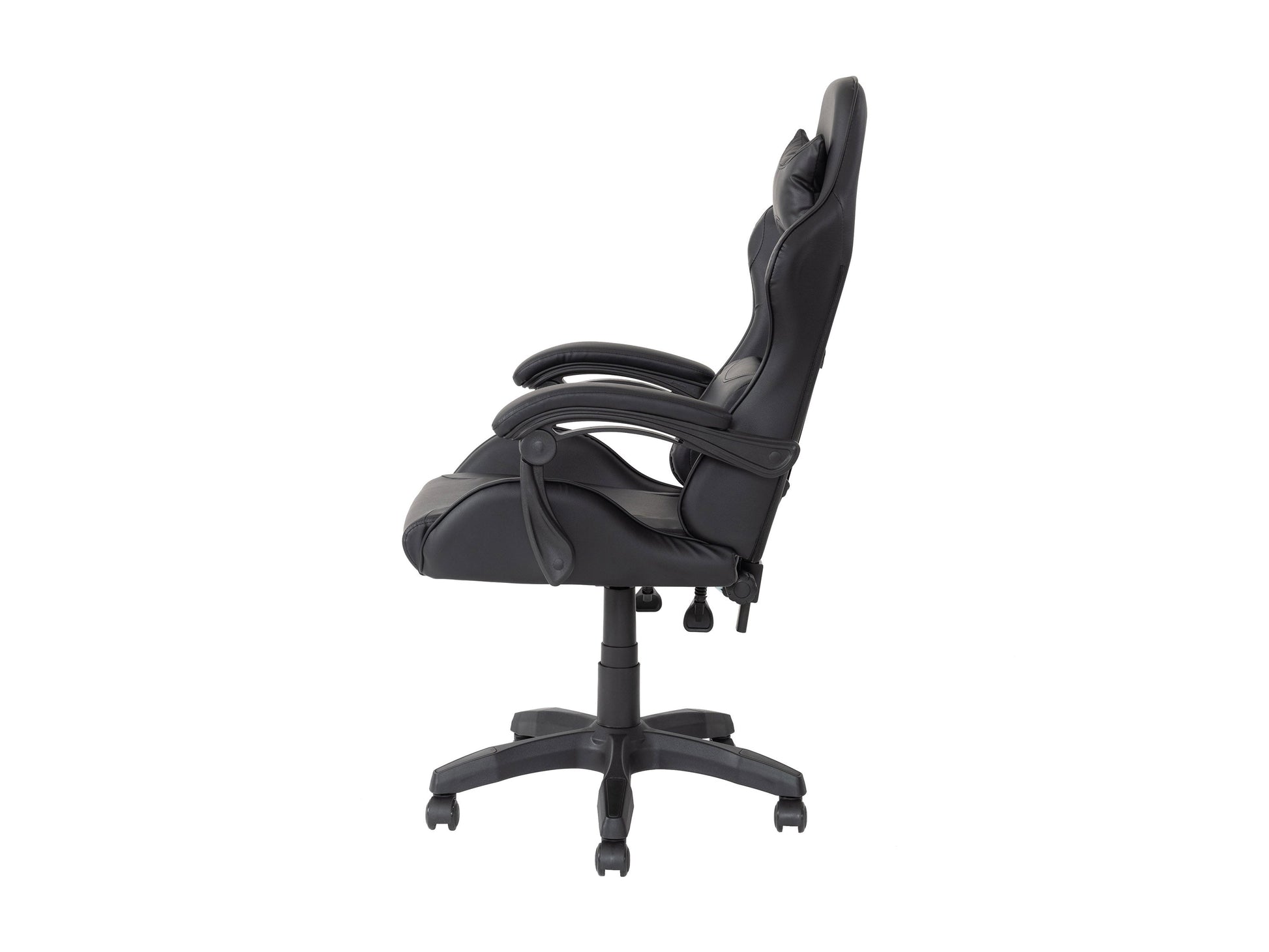 Black reclining gaming chair with ergonomic design, padded armrests, and adjustable headrest for ultimate comfort.