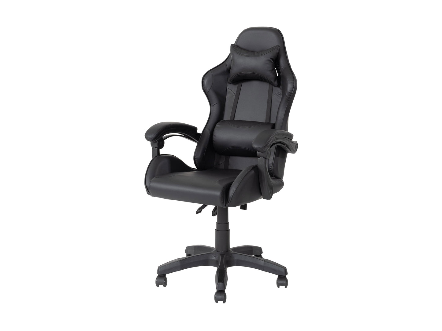 Black reclining gaming chair with ergonomic design, padded armrests, and adjustable headrest for ultimate comfort.