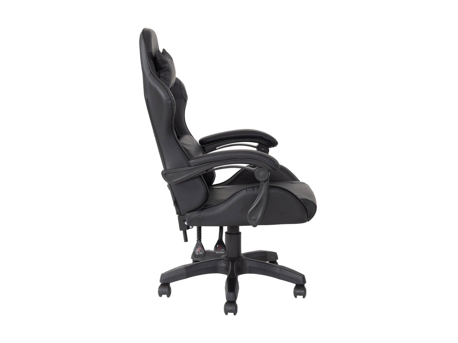 Black reclining gaming chair with ergonomic design, padded armrests, and lumbar support for ultimate comfort.