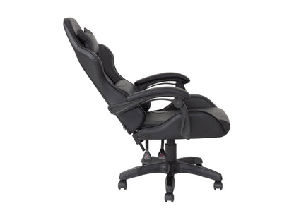 Black reclining gaming chair with ergonomic design, padded armrests, and lumbar support.