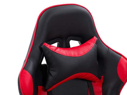 Ergonomic black and red reclining gaming chair with adjustable armrests, lumbar support, and high-density foam padding