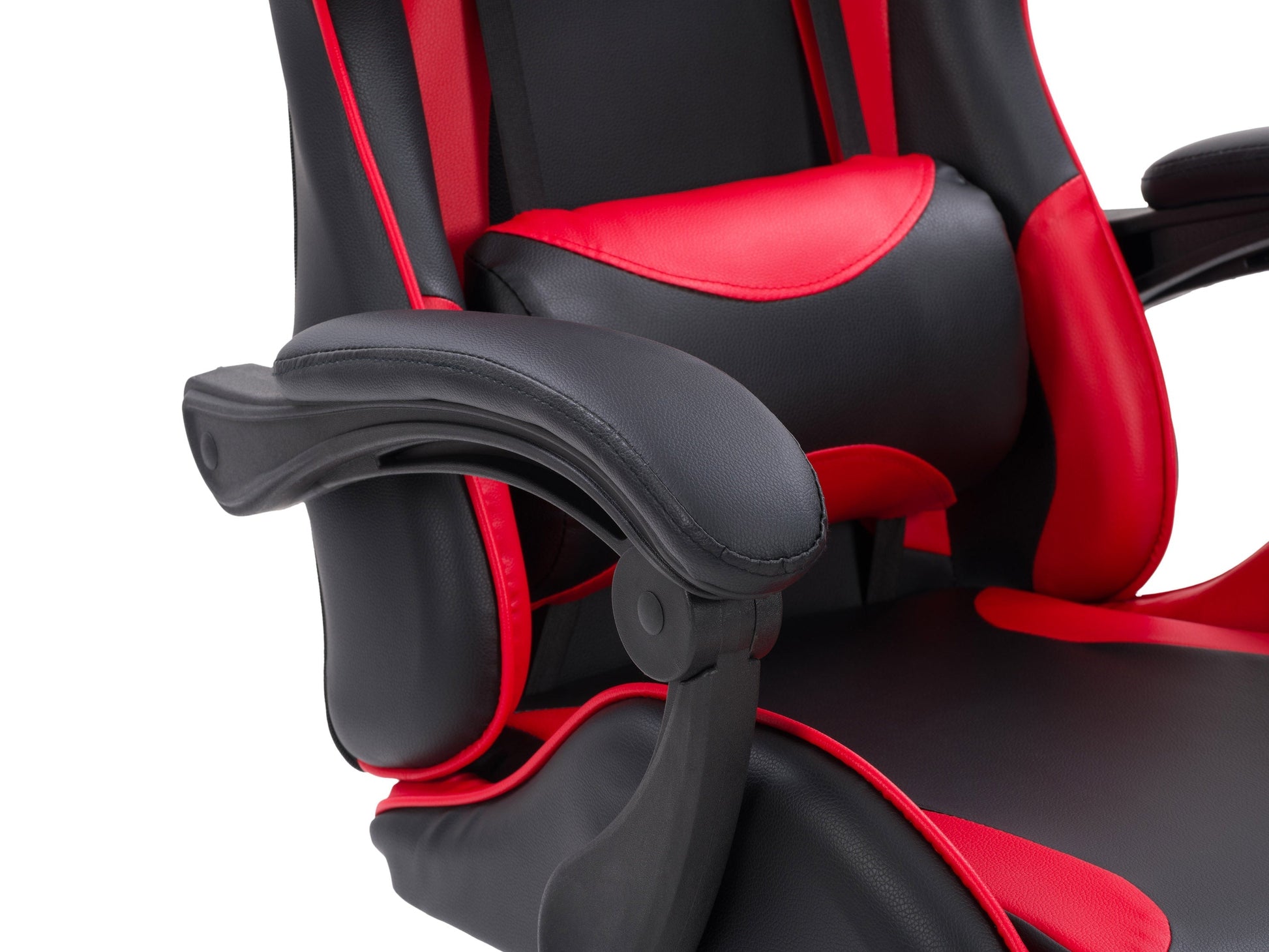 Reclining black and red gaming chair with ergonomic design, adjustable armrests, and high-density foam padding.