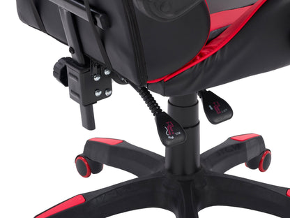 Black and red reclining gaming chair with ergonomic design, padded armrests, and adjustable headrest.