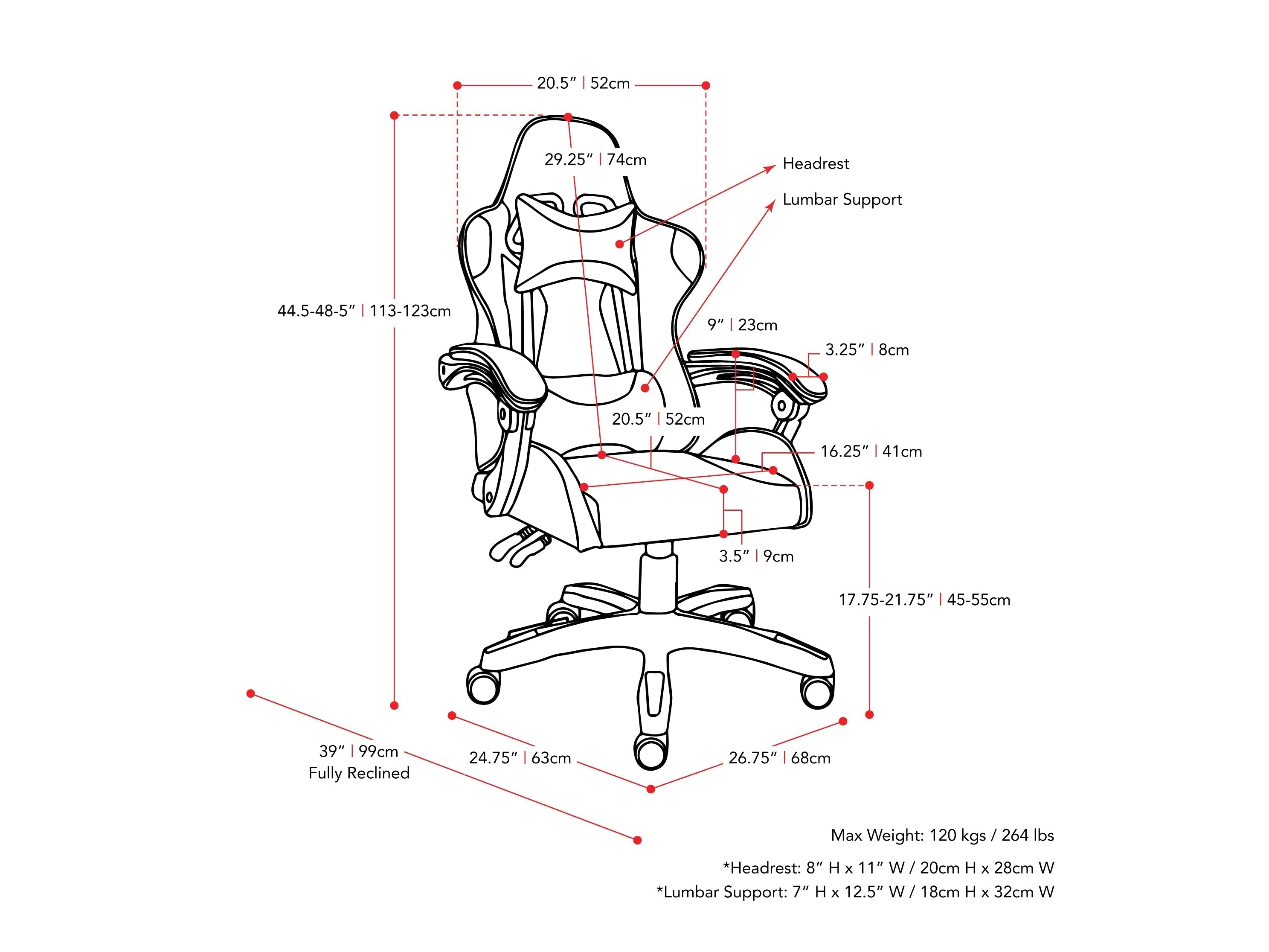 Black and red reclining gaming chair with ergonomic design, padded armrests, and adjustable lumbar support.