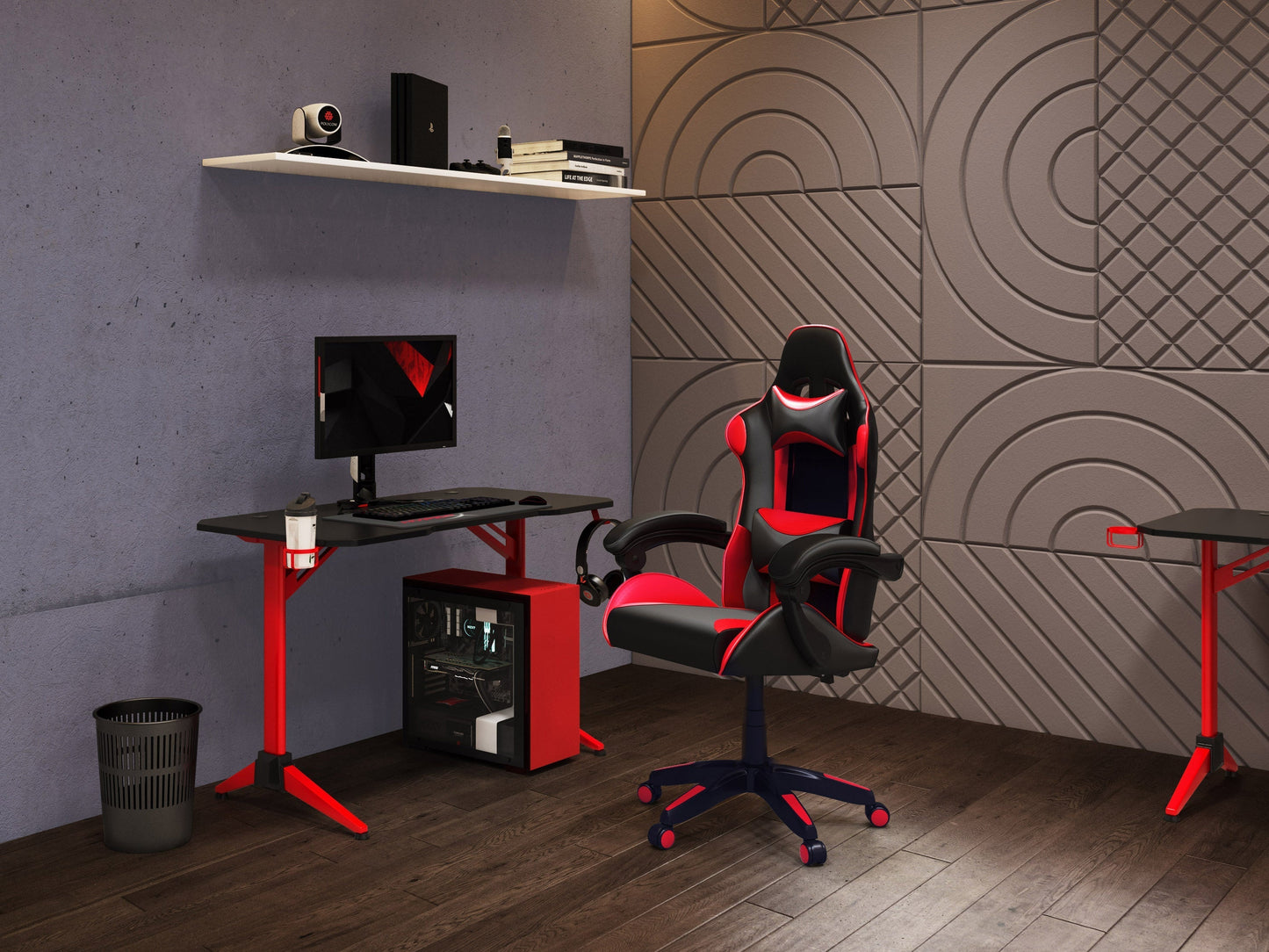 Reclining black and red gaming chair with ergonomic design, padded armrests, and adjustable headrest for ultimate comfort.