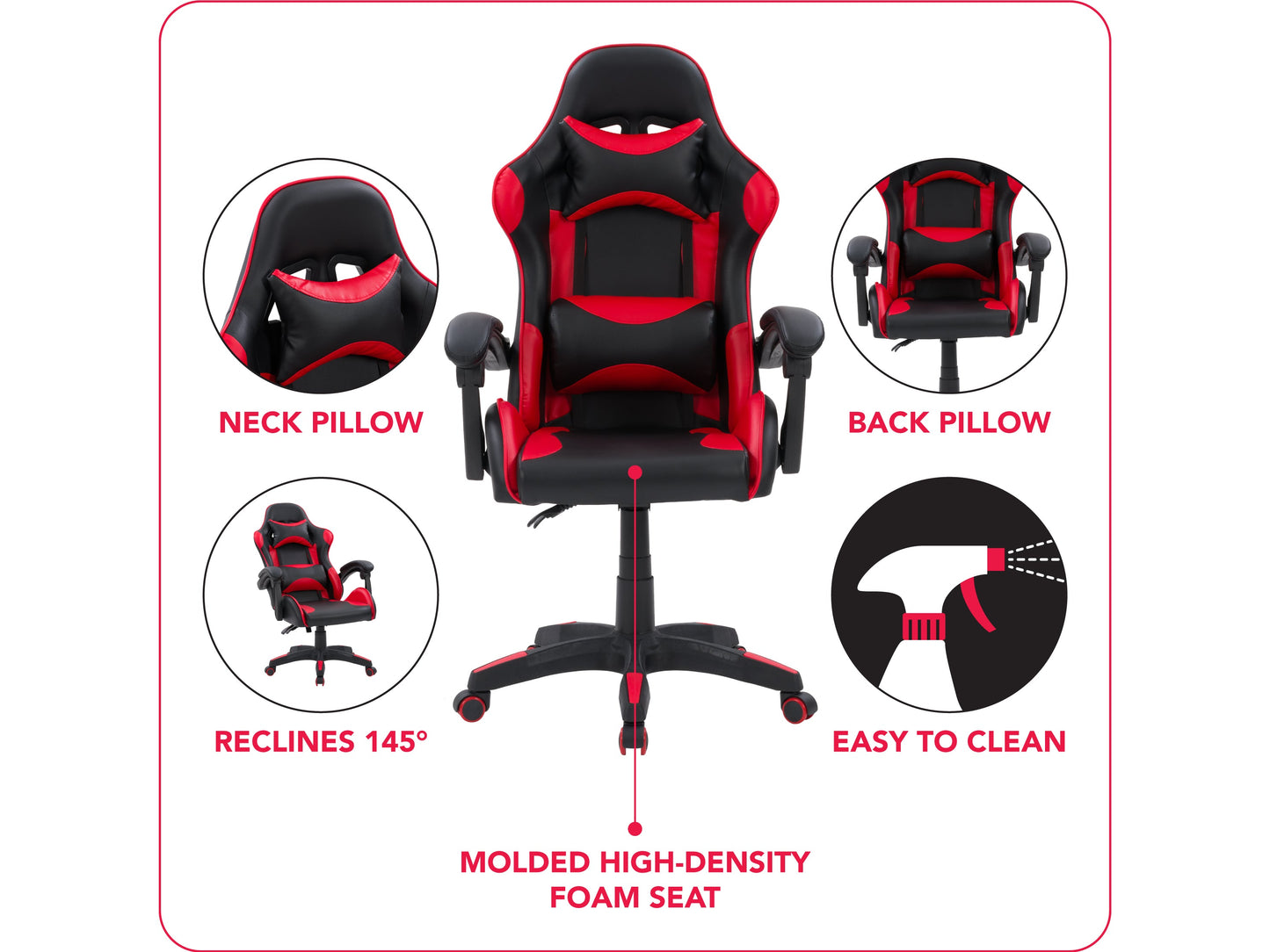 Reclining black and red gaming chair with ergonomic design, adjustable armrests, and lumbar support.