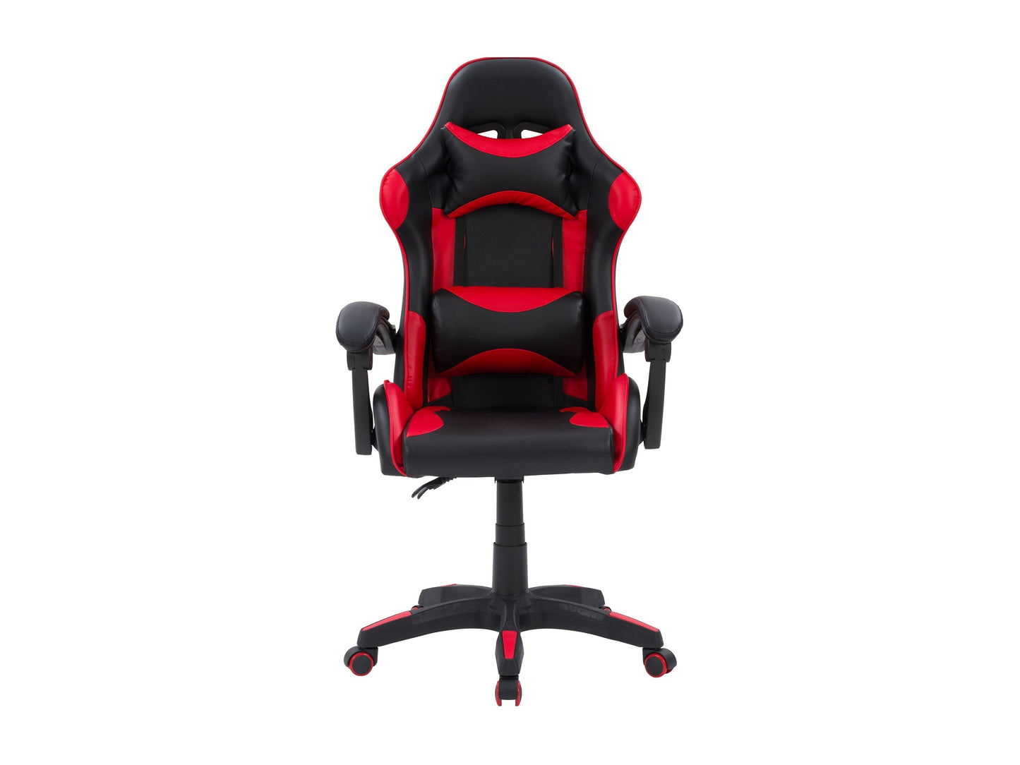 Reclining black and red gaming chair with ergonomic design, padded armrests, and lumbar support.