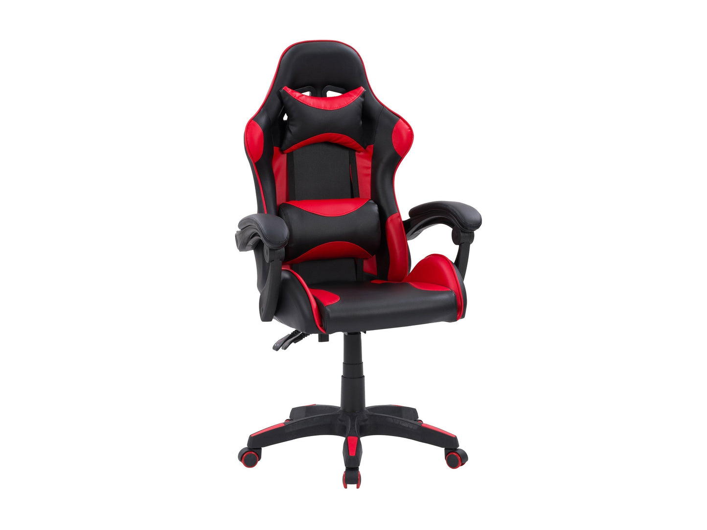 Ergonomic black and red reclining gaming chair with lumbar support, adjustable armrests, and high-density foam cushioning