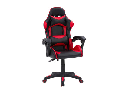 Ergonomic black and red reclining gaming chair with lumbar support, adjustable armrests, and high-density foam cushioning