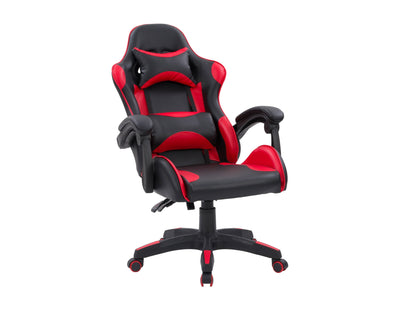 Reclining black and red gaming chair with ergonomic design, padded armrests, and adjustable headrest.