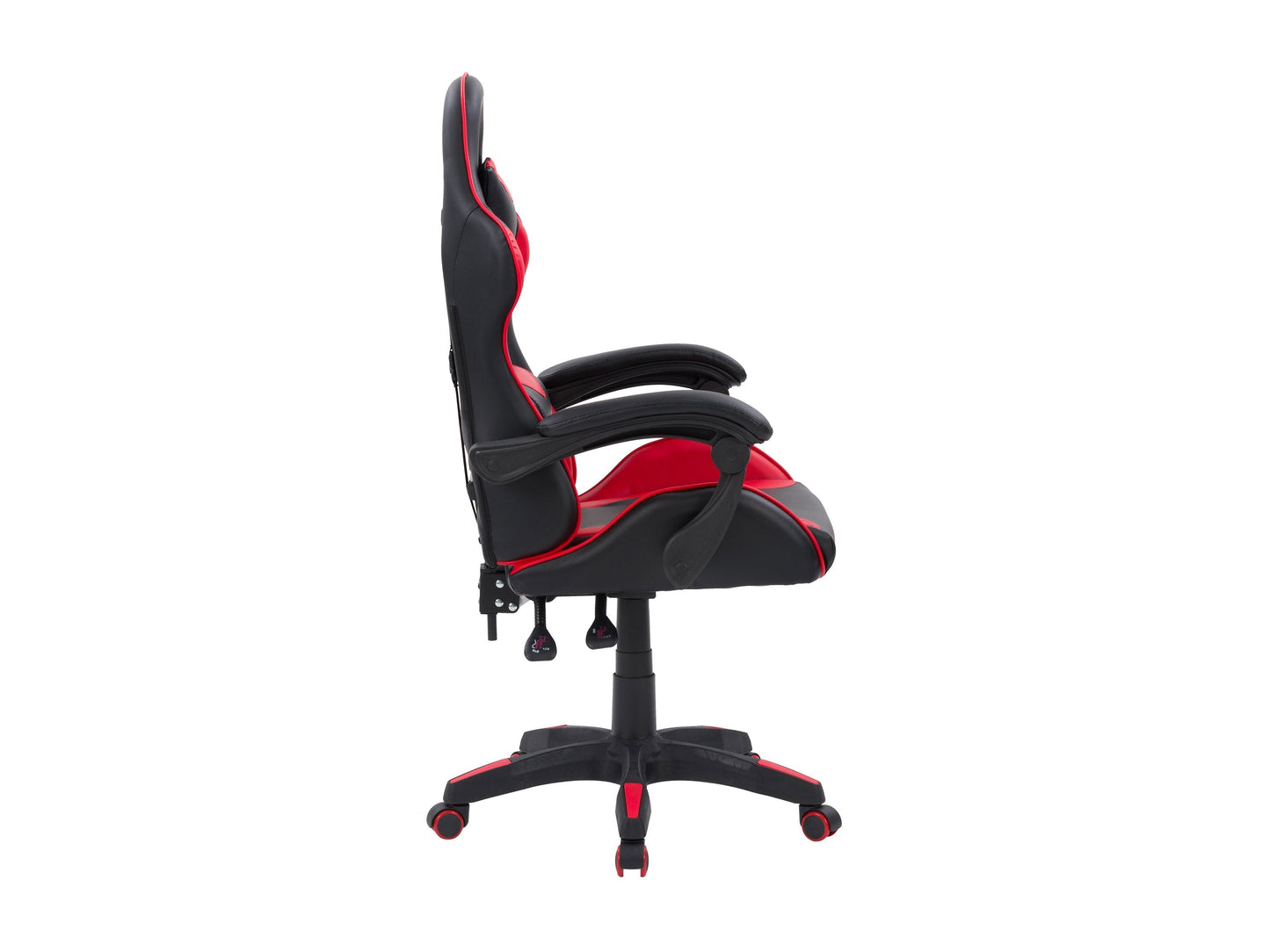 Reclining black and red gaming chair with ergonomic design, padded seat, adjustable armrests, and lumbar support.