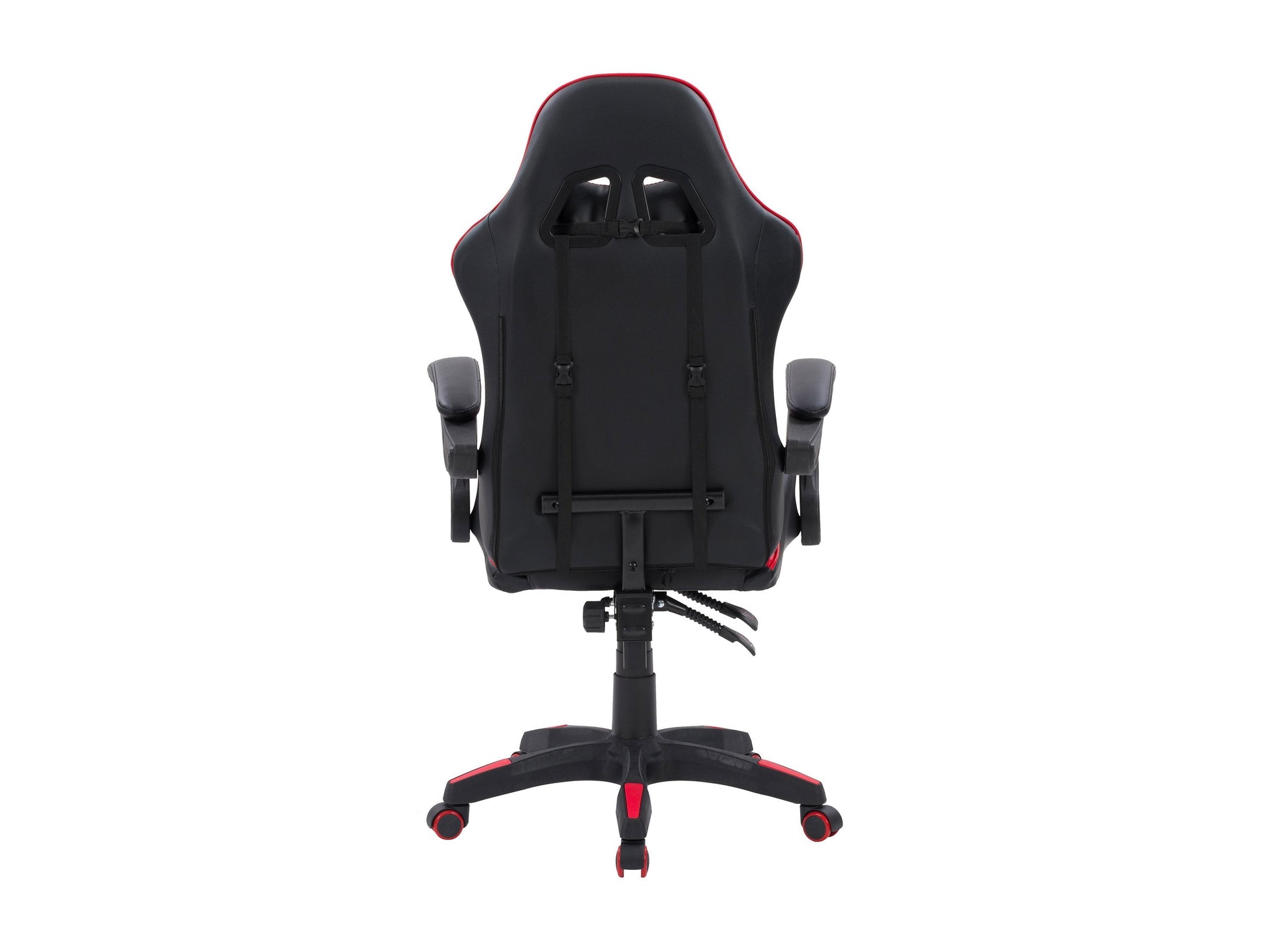 Black and red reclining gaming chair with ergonomic design, adjustable armrests, and lumbar support