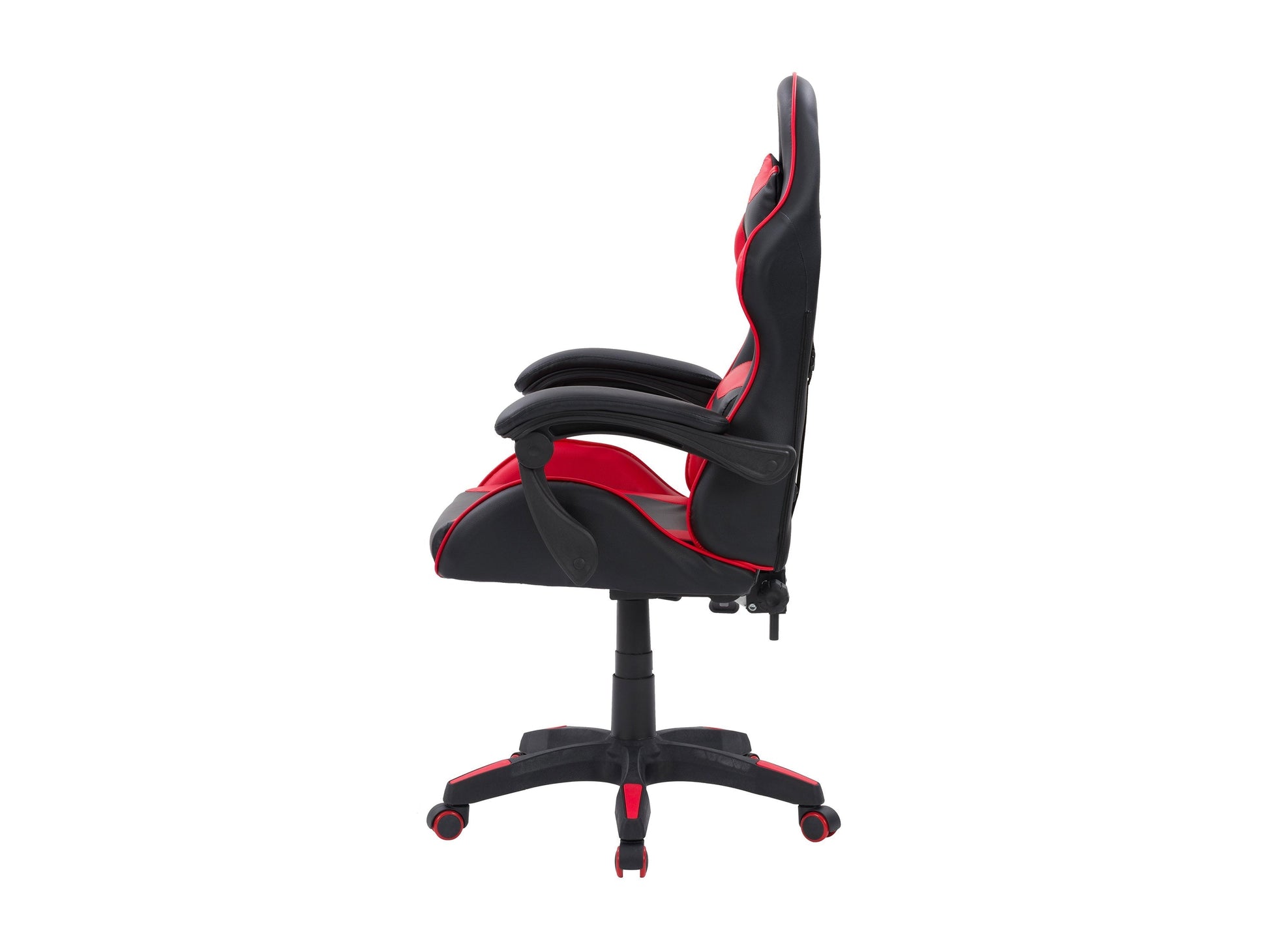 Black and red reclining gaming chair with ergonomic design, padded armrests, and adjustable backrest for ultimate comfort.