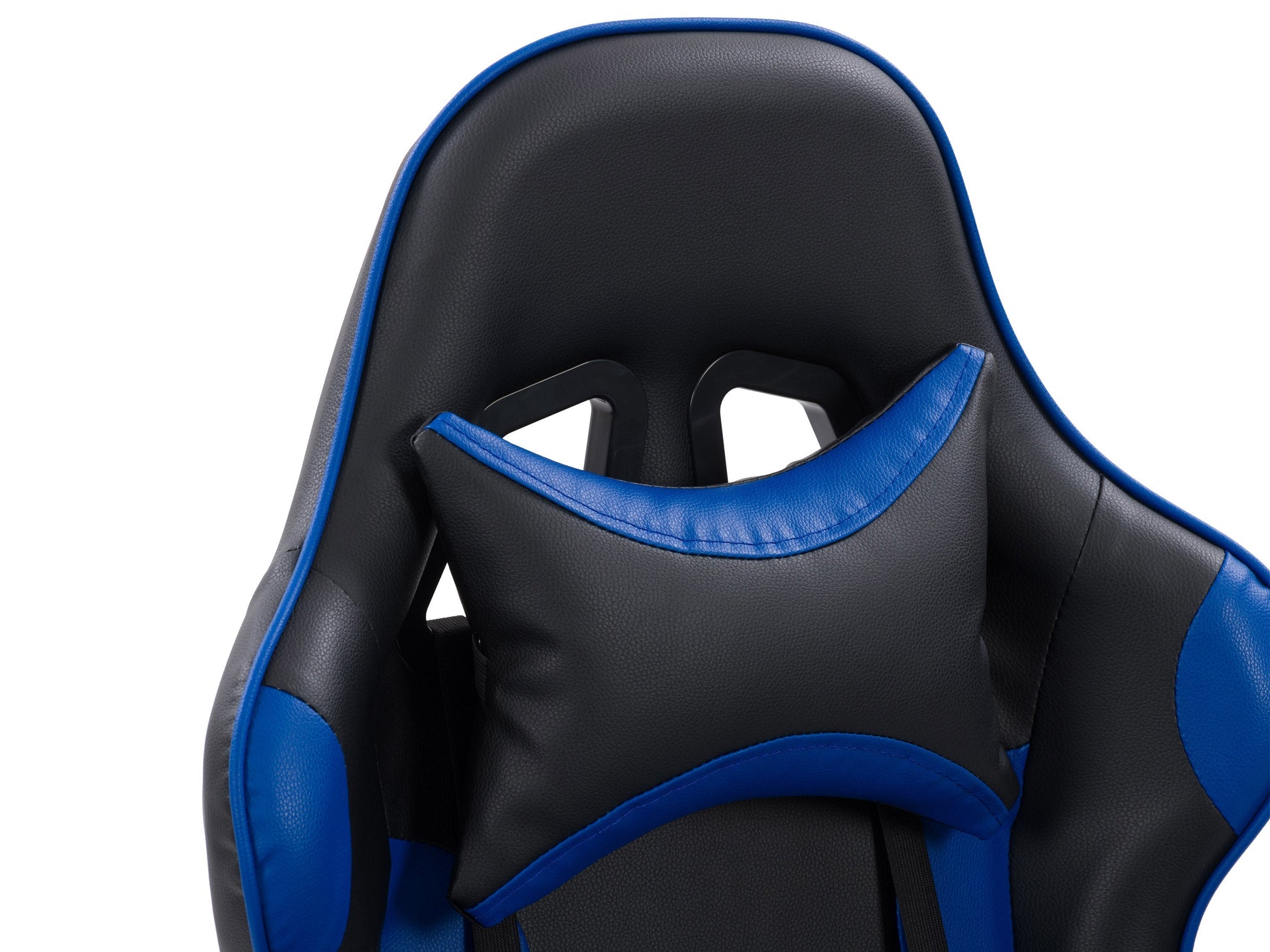 Black and blue reclining gaming chair with ergonomic design, adjustable armrests, and lumbar support.