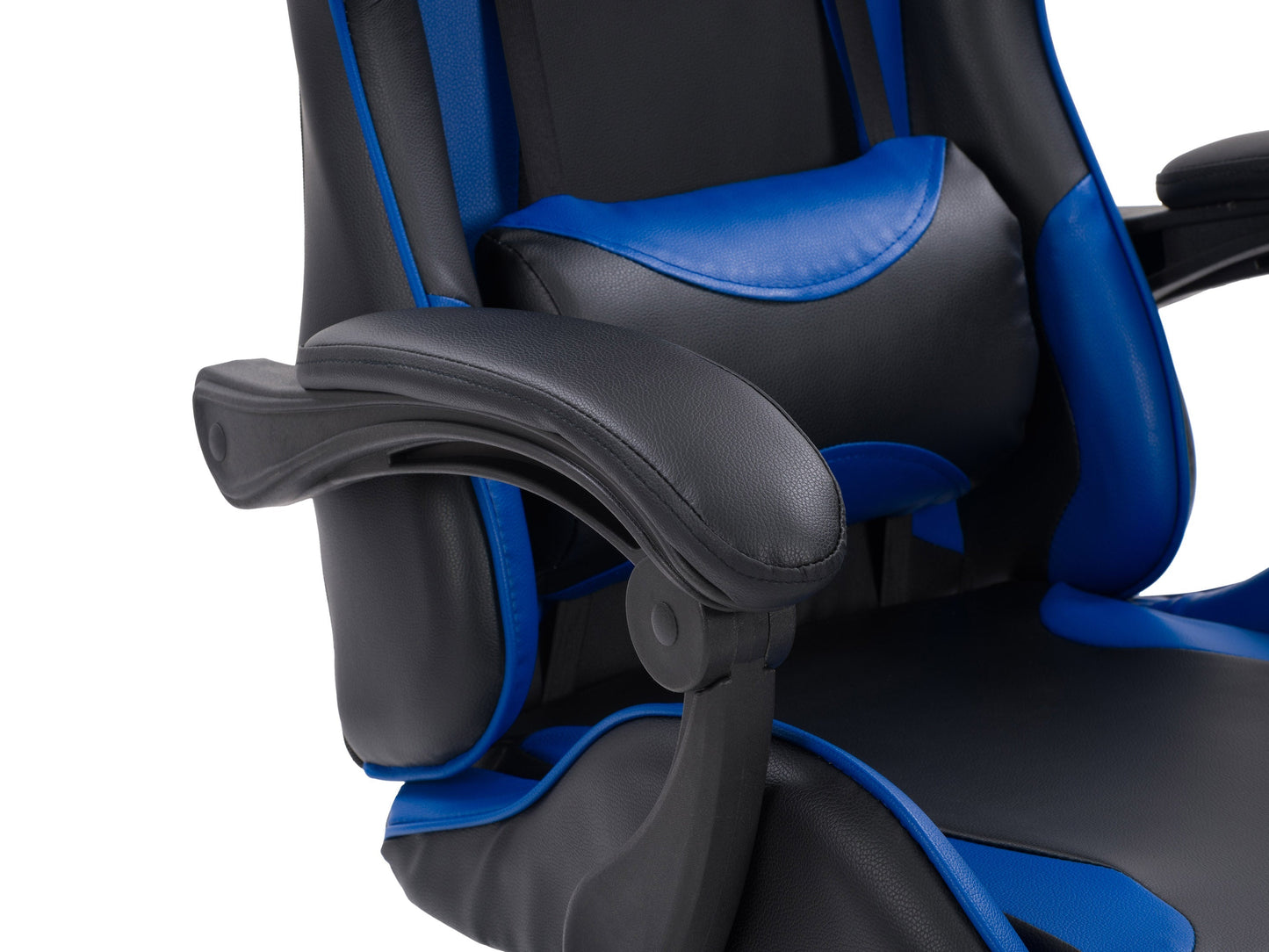 Reclining black and blue gaming chair with ergonomic design, adjustable armrests, and lumbar support.