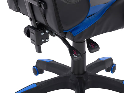 Black and blue reclining gaming chair with ergonomic design, padded armrests, and adjustable headrest.