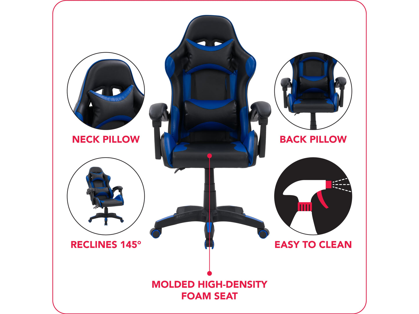 Black and blue reclining gaming chair with ergonomic design, padded armrests, and adjustable headrest.