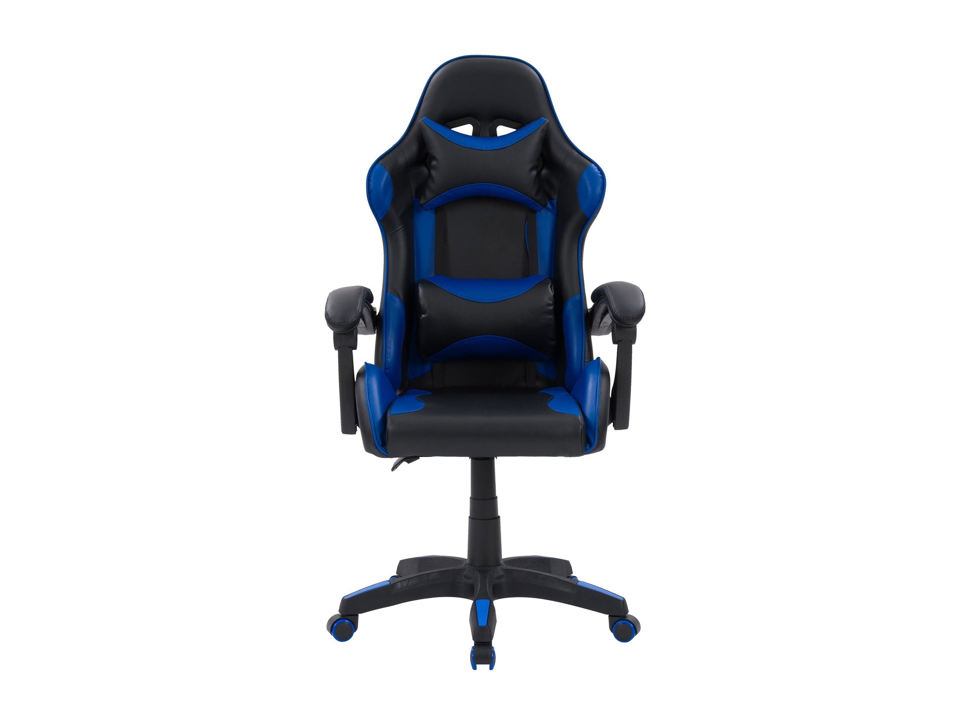 Black and blue reclining gaming chair with ergonomic design, padded armrests, and adjustable height for ultimate comfort.