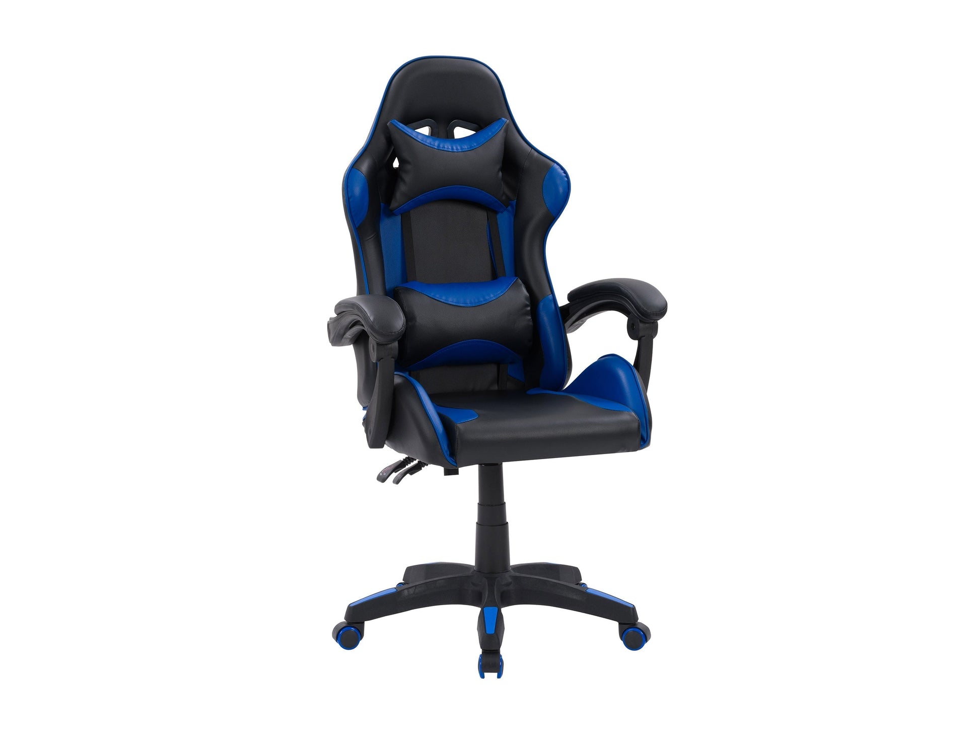 Black and blue reclining gaming chair with ergonomic design, padded armrests, and adjustable headrest.