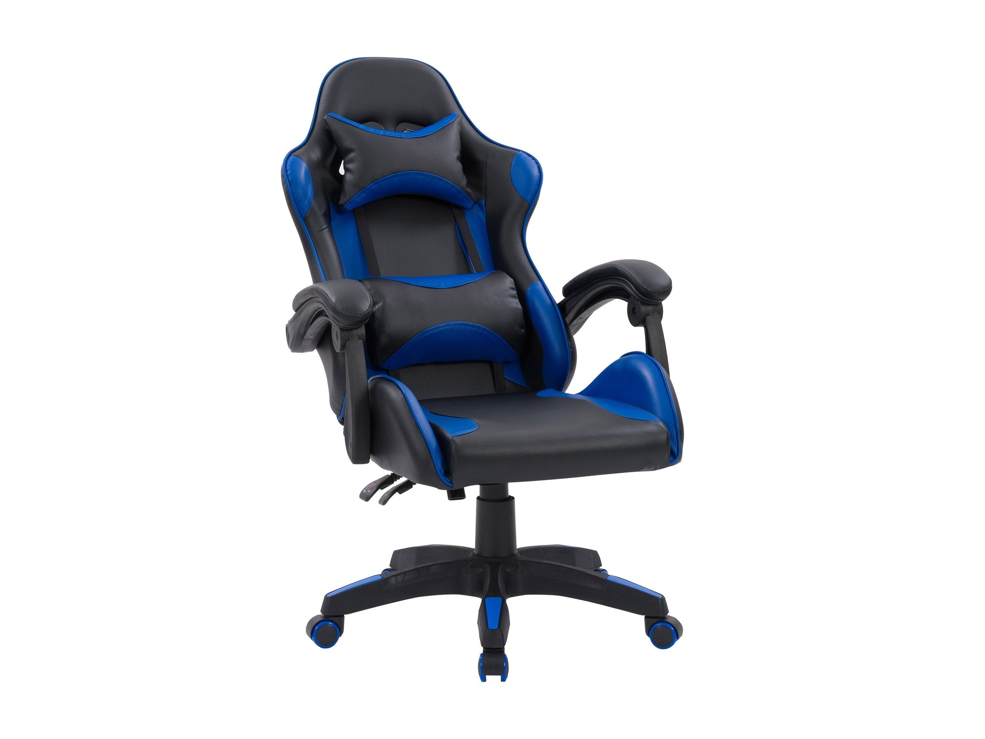 Black and blue reclining gaming chair with ergonomic design, adjustable armrests, and lumbar support.