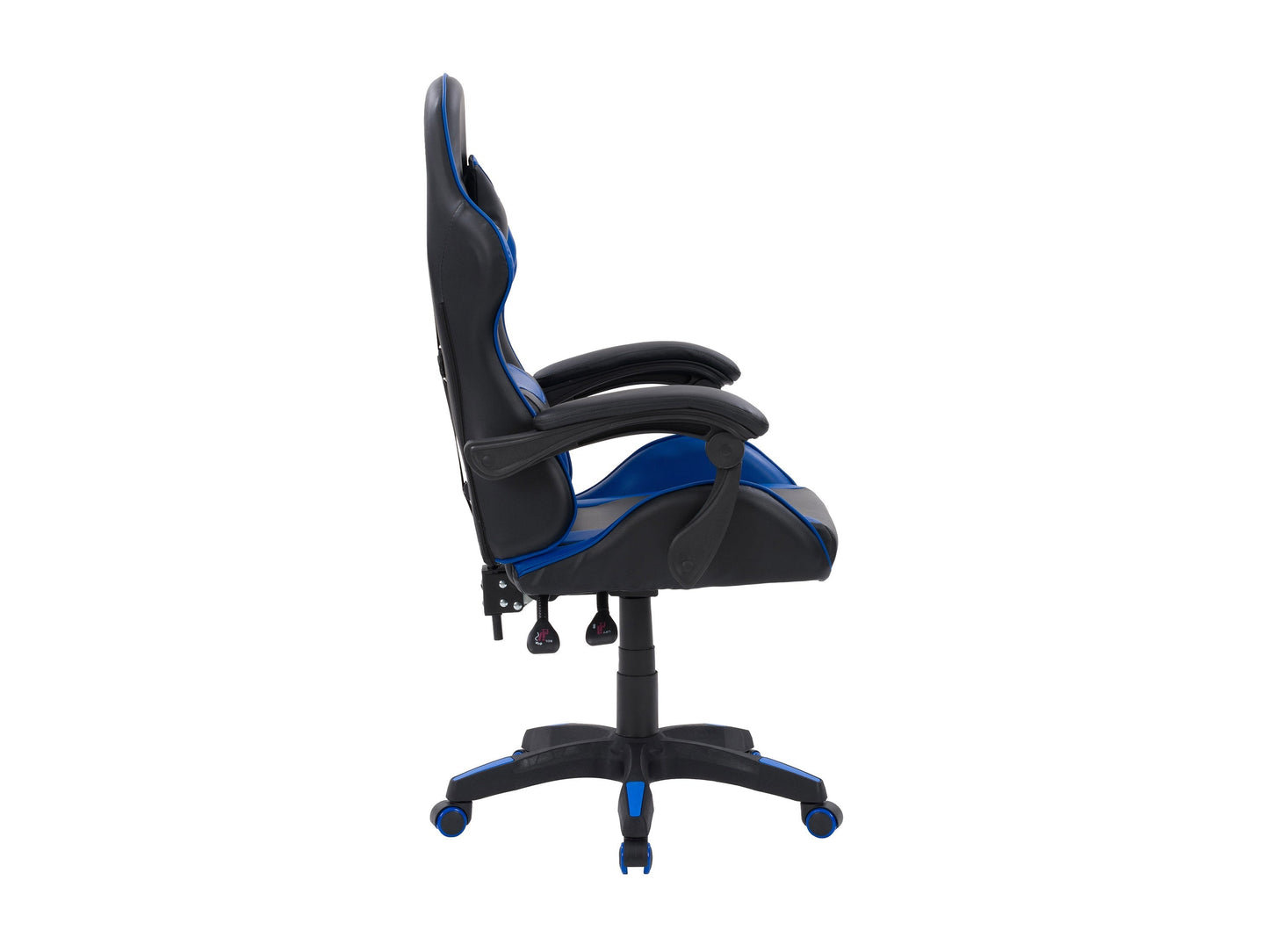 Black and blue reclining gaming chair with ergonomic design, padded armrests, and adjustable headrest for ultimate comfort.