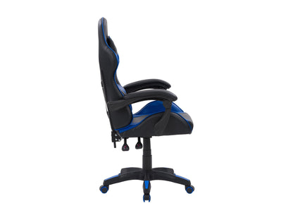 Black and blue reclining gaming chair with ergonomic design, padded armrests, and adjustable headrest for ultimate comfort.