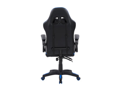 Ergonomic black and blue reclining gaming chair with adjustable armrests, lumbar support, and sleek design.