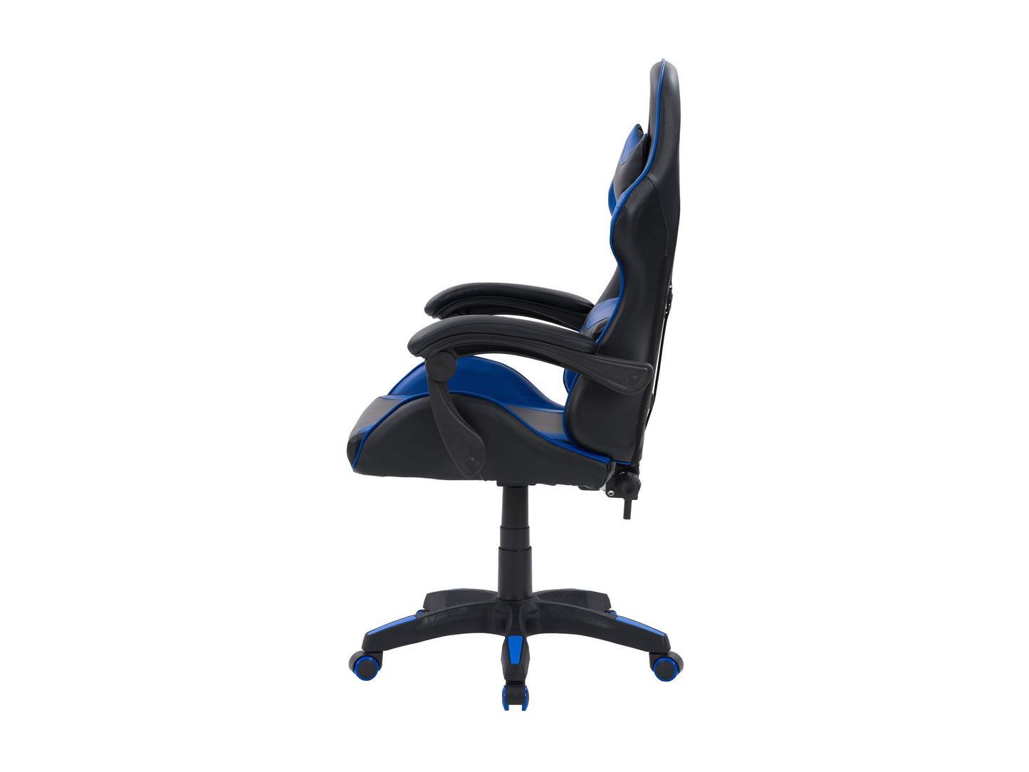 Black and blue reclining gaming chair with ergonomic design, padded armrests, and adjustable headrest.