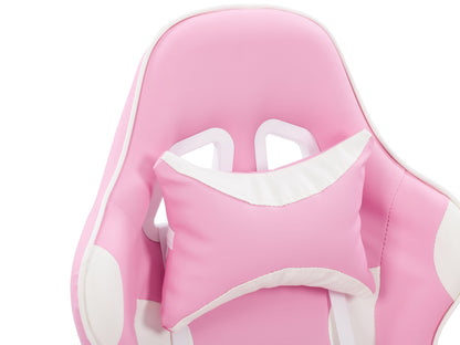 Pink and white reclining gaming chair with ergonomic design, adjustable armrests, and built-in lumbar support.