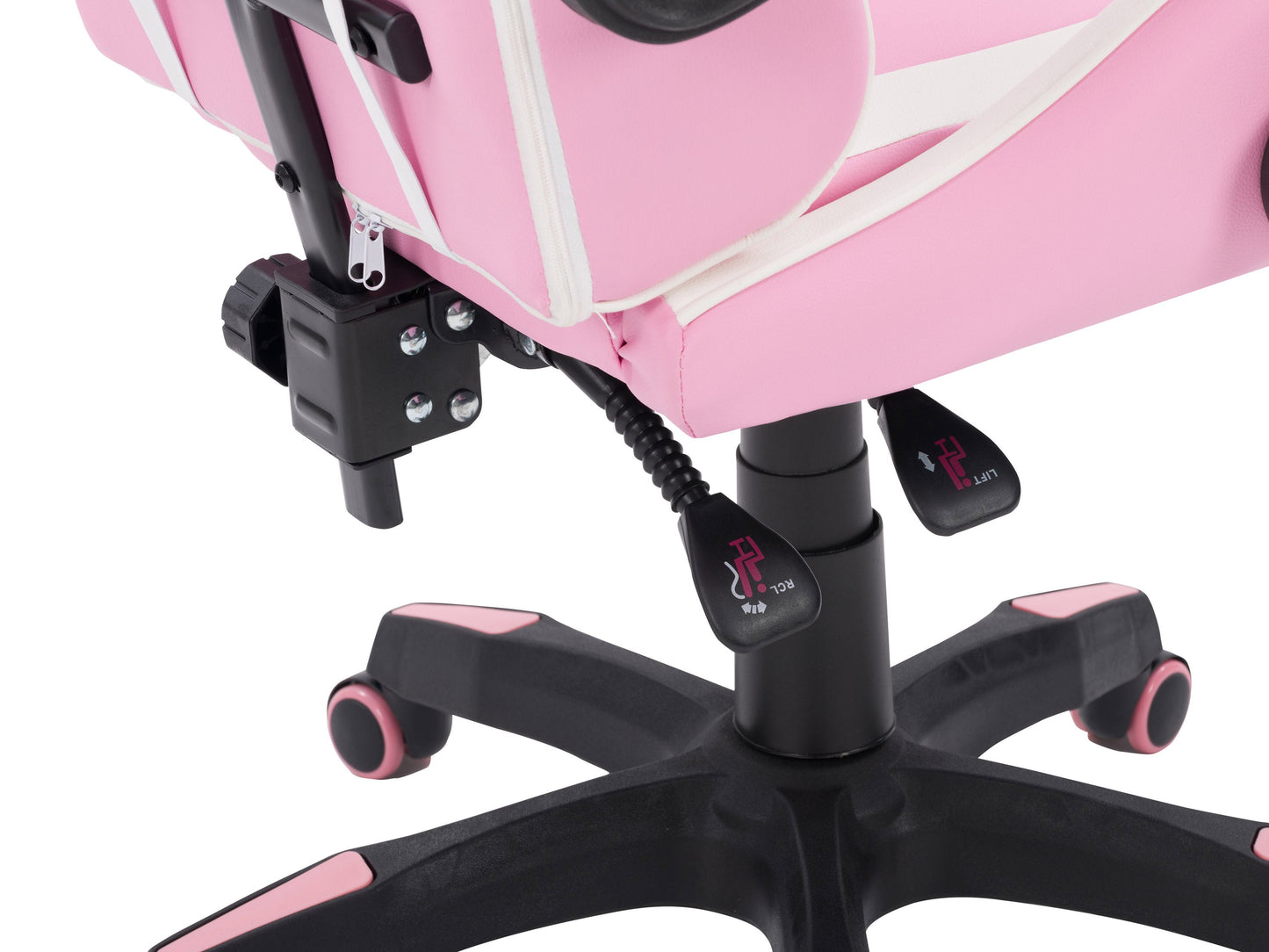 Pink and white reclining gaming chair with ergonomic design, adjustable armrests, and lumbar support.