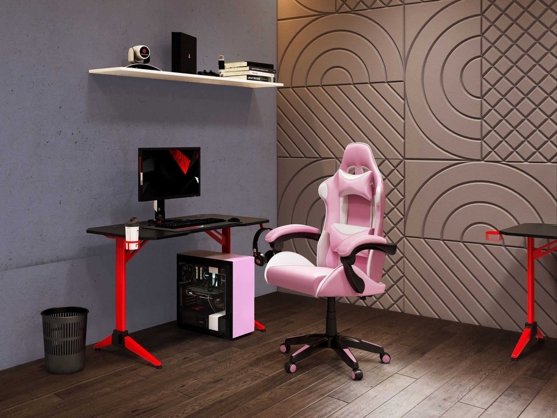 Pink and white reclining gaming chair with ergonomic design, padded armrests, and adjustable headrest.