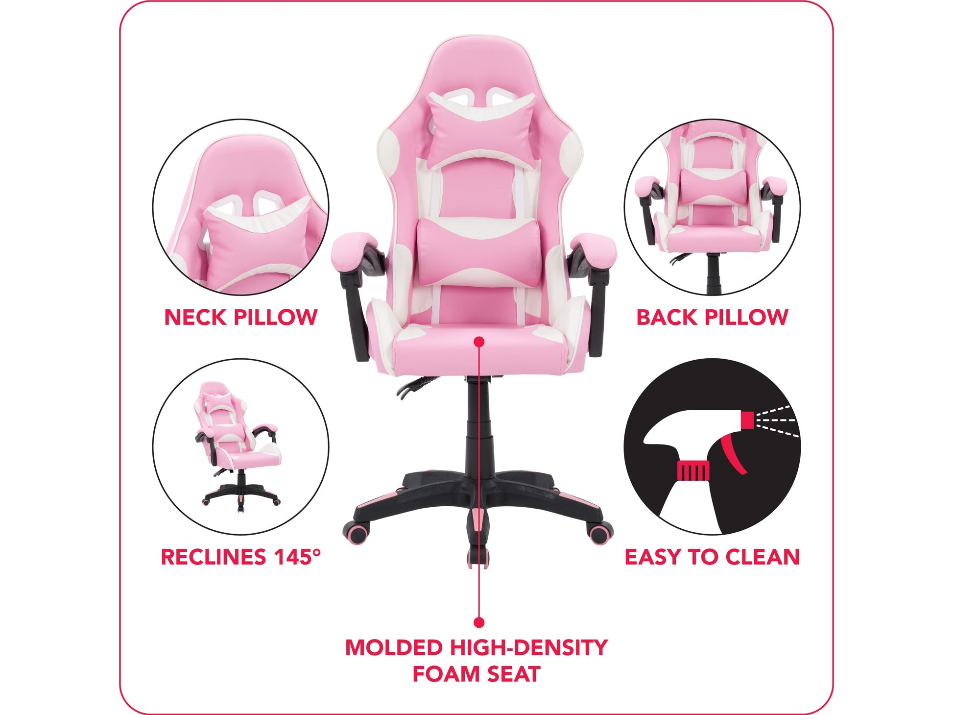 Pink and white reclining gaming chair with ergonomic design, adjustable armrests, and lumbar support.