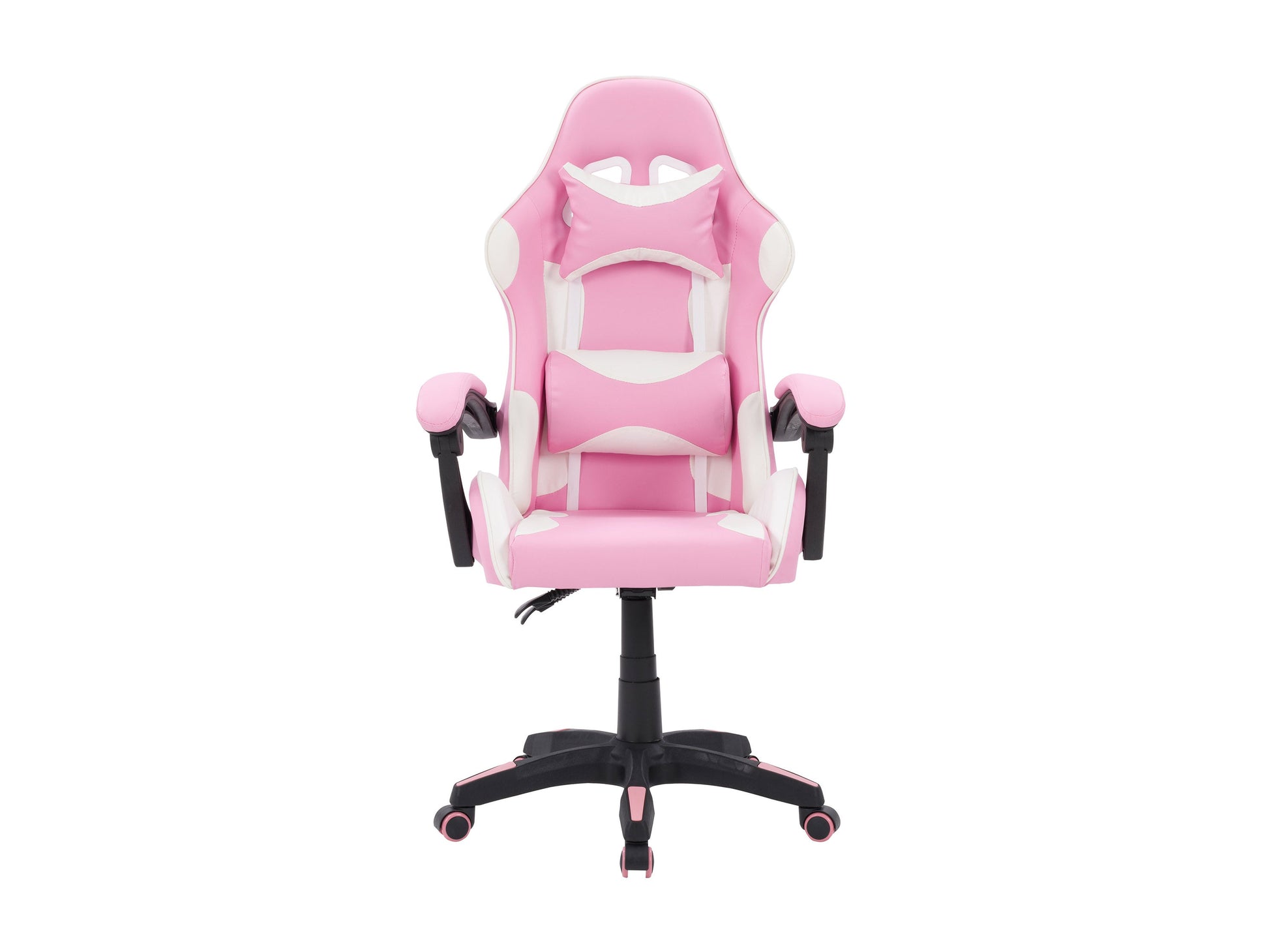 Pink and white reclining gaming chair with ergonomic design, adjustable armrests, and lumbar support.