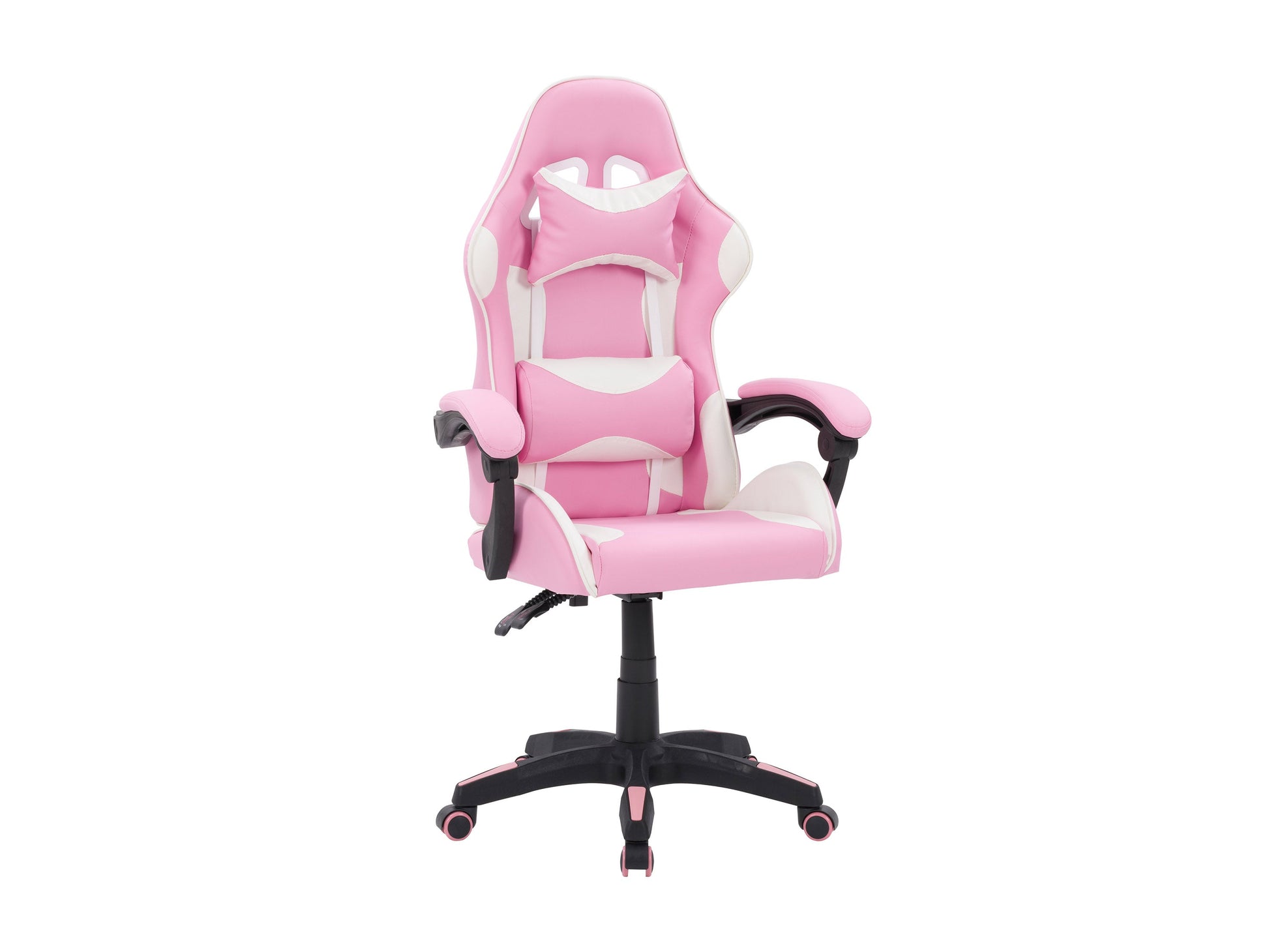 Pink and white reclining gaming chair with ergonomic design, adjustable armrests, and lumbar support.