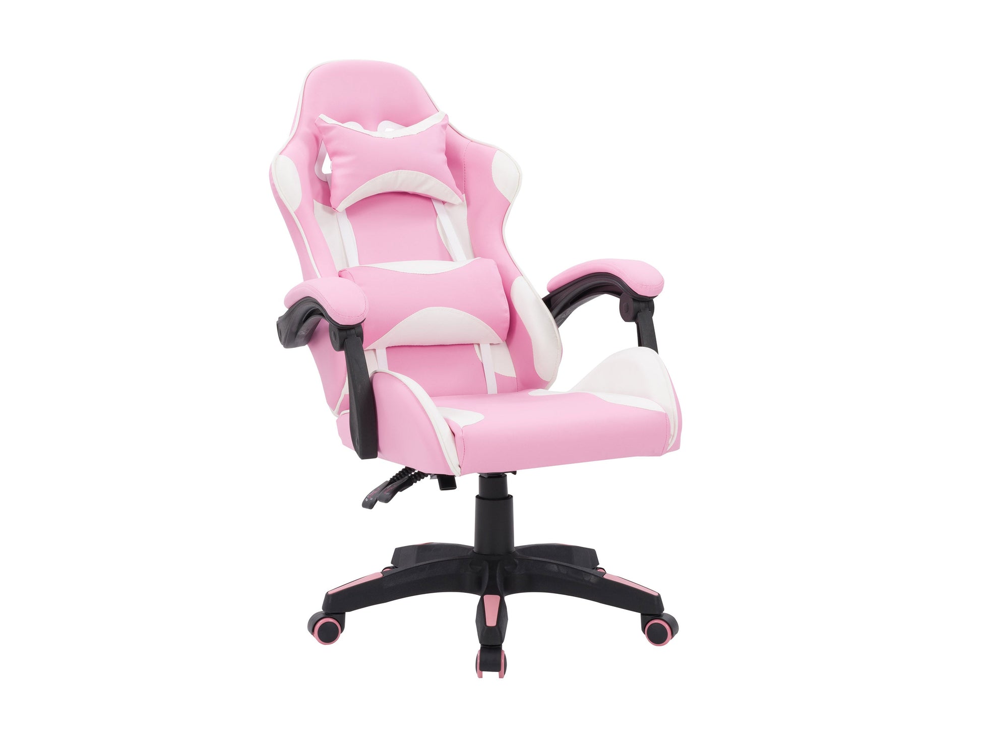 Pink and white reclining gaming chair with ergonomic design, adjustable armrests, and lumbar support.