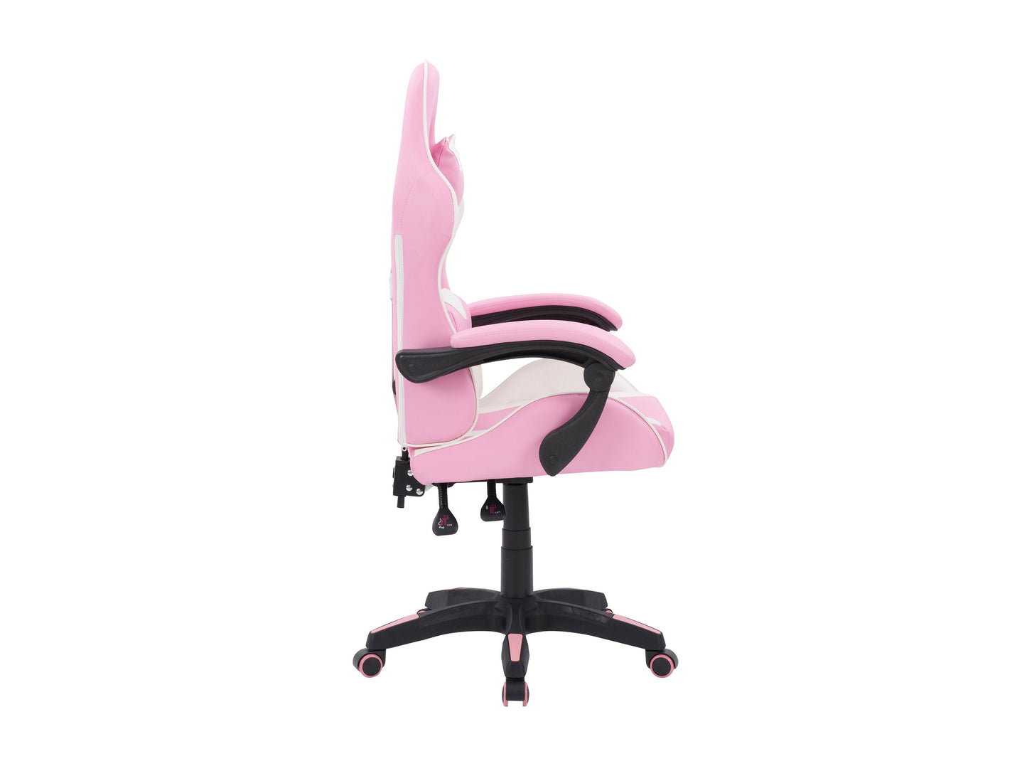 Pink and white reclining gaming chair with ergonomic design, adjustable armrests, and high-density foam padding.