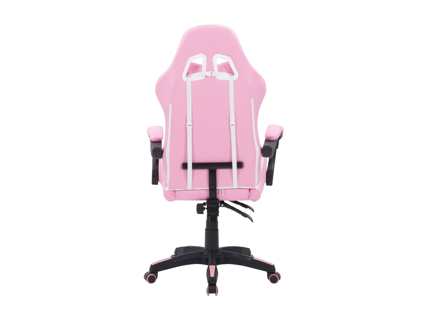 Pink and white reclining gaming chair with ergonomic design, lumbar support, and adjustable armrests.