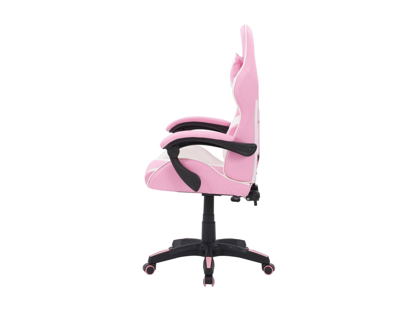 Pink and white reclining gaming chair with ergonomic design, adjustable armrests, and lumbar support.