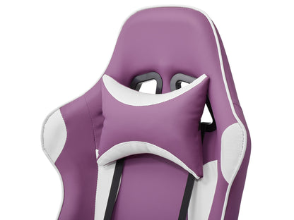 Purple and white reclining gaming chair with adjustable armrests, ergonomic design, and high-density foam padding