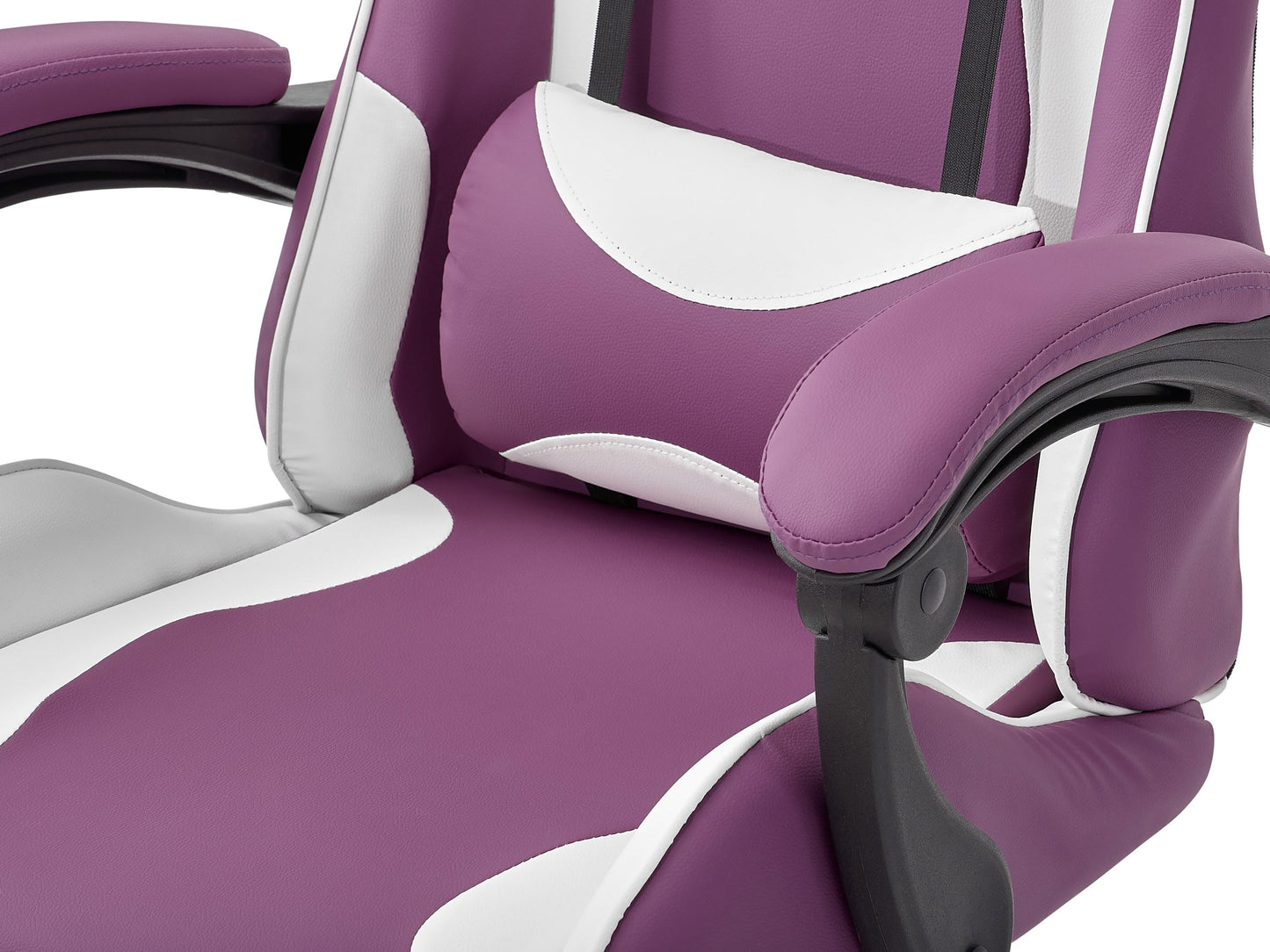 Ergonomic reclining gaming chair in purple and white with adjustable armrests and lumbar support.