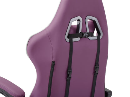 Purple and white reclining gaming chair with ergonomic design, padded armrests, and adjustable height.