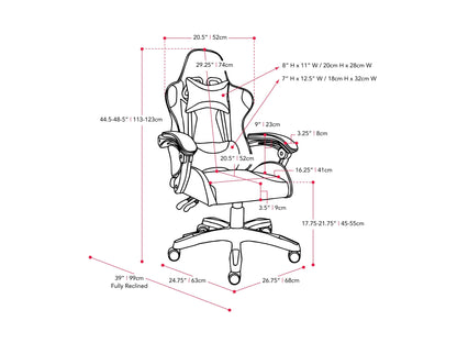 Purple and white reclining gaming chair with ergonomic design, adjustable armrests, and high-density foam padding.