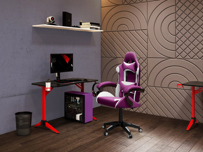 Purple and white reclining gaming chair with ergonomic design, adjustable armrests, and lumbar support.