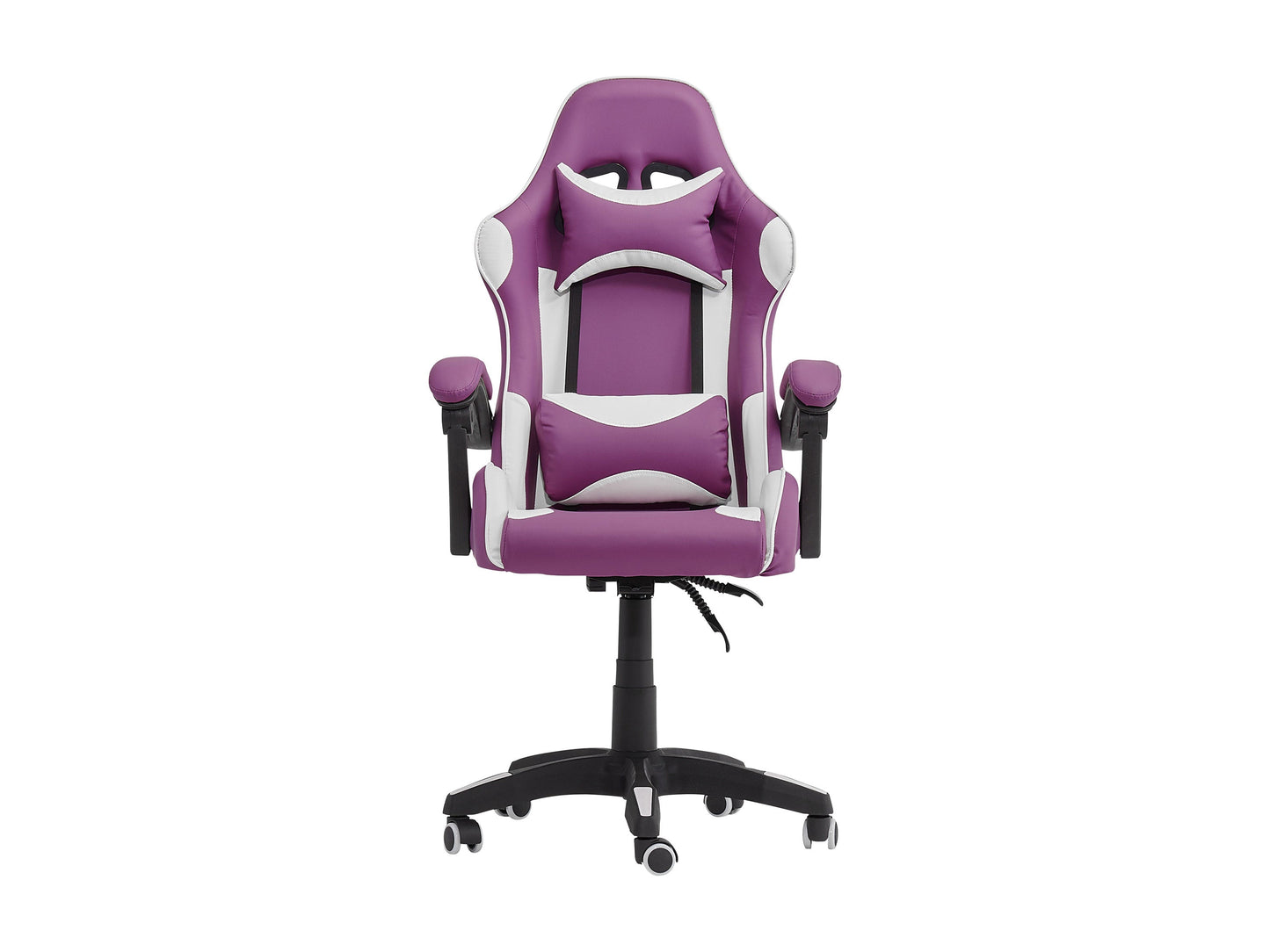 Purple and white reclining gaming chair with ergonomic design, padded armrests, and adjustable headrest.