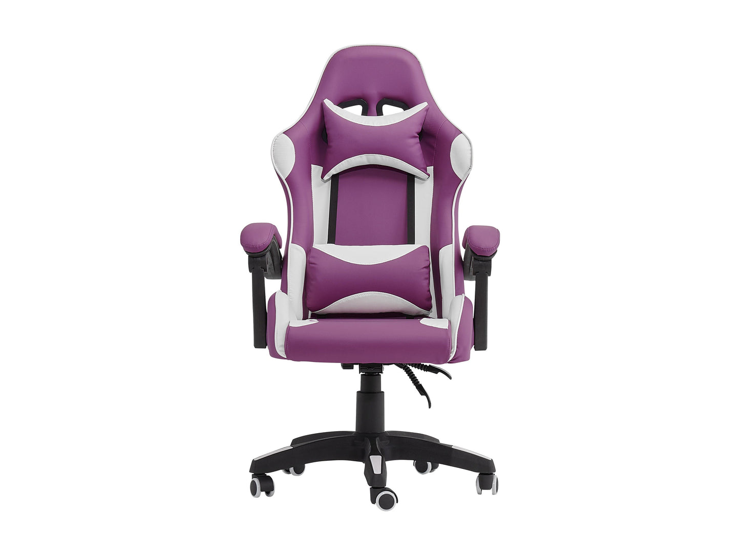 Reclining purple and white gaming chair with ergonomic design, padded armrests, and adjustable headrest.