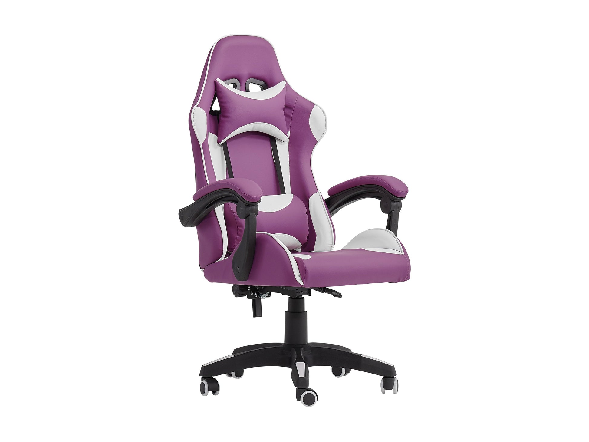 Purple and white reclining gaming chair with ergonomic design, padded armrests, and adjustable headrest.