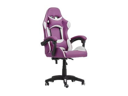 Purple and white reclining gaming chair with ergonomic design, adjustable armrests, and high-density foam padding.