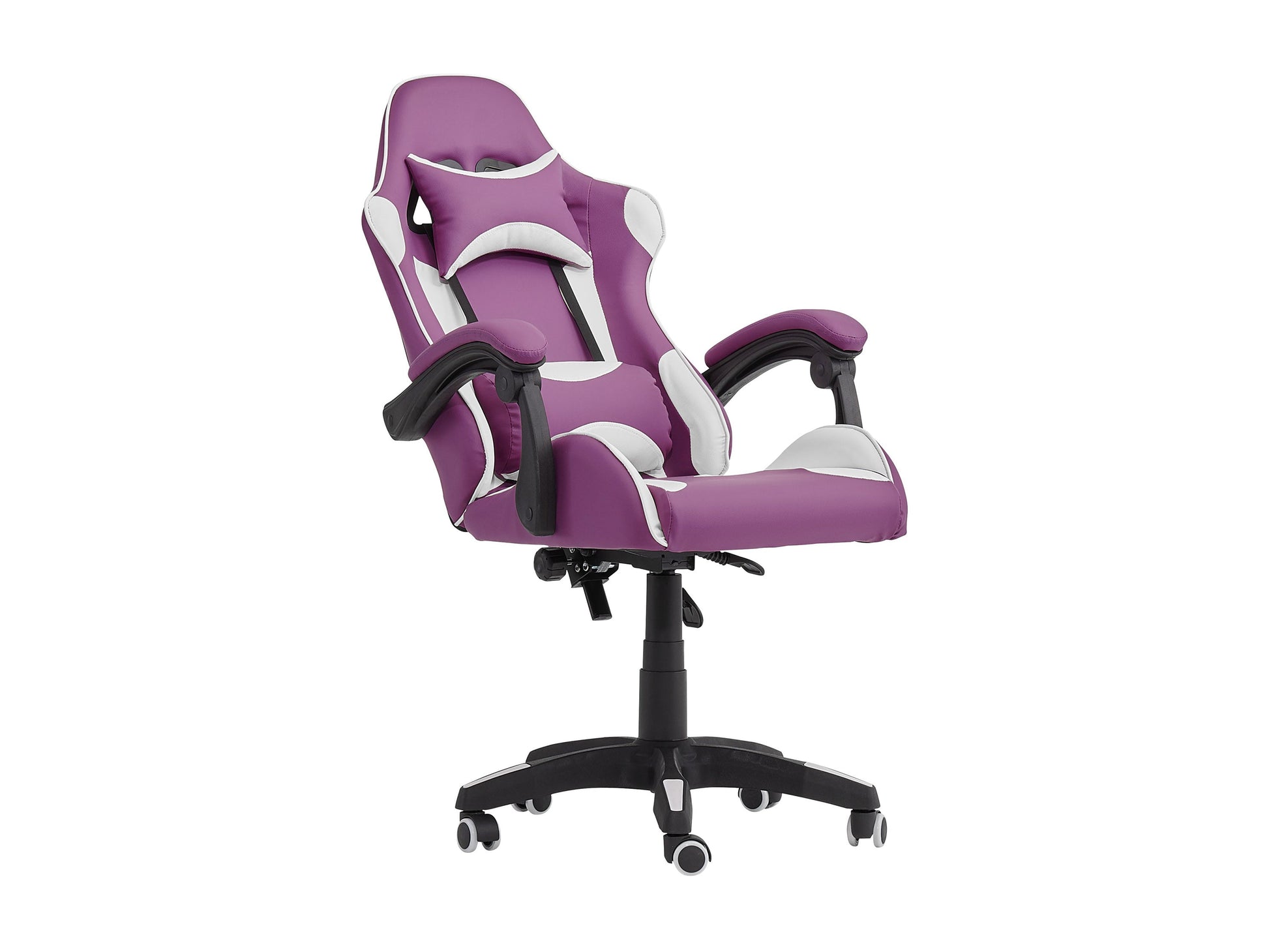 Purple and white reclining gaming chair with ergonomic design, adjustable armrests, and lumbar support.